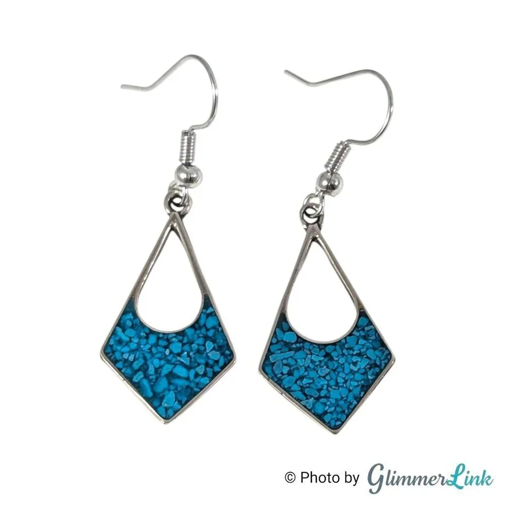 Vintage Mexican Alpaca Diamond Shape Blue Inlay Silver Tone Pierced Earrings
